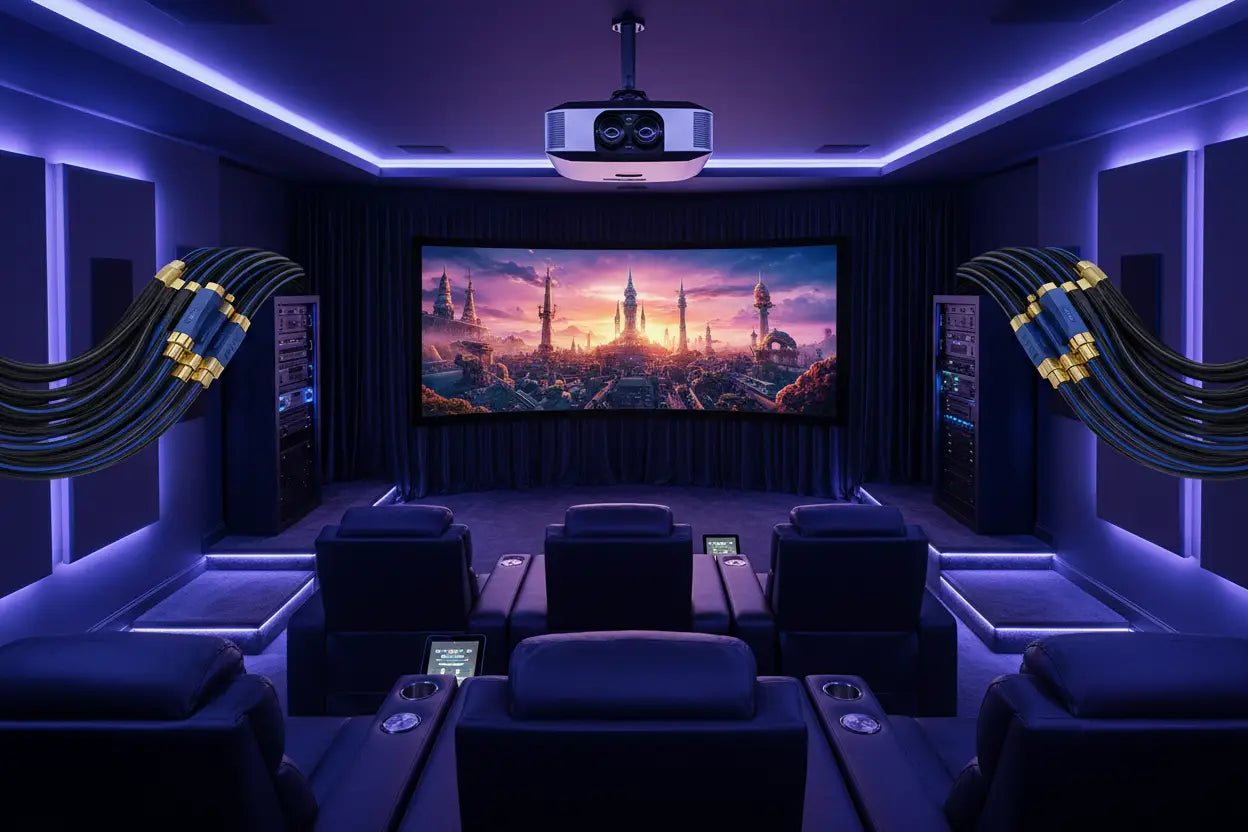 Schlanker silberner und schwarzer Projektor an der Decke im High-End-Heimkino