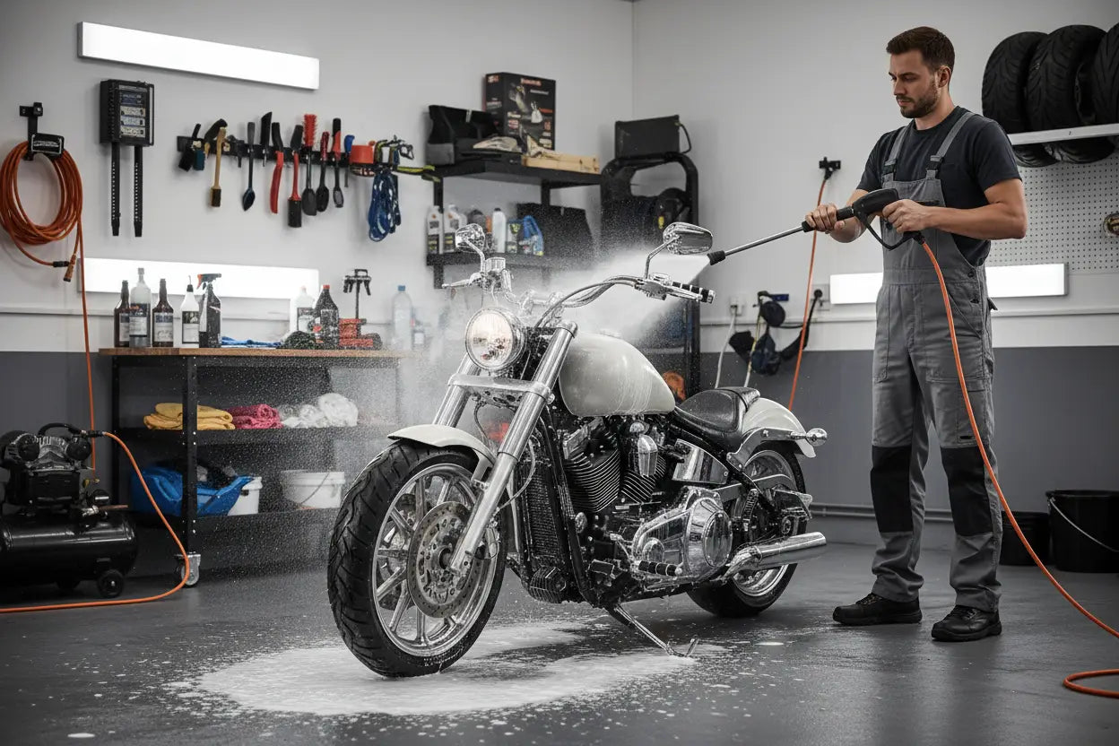 Silberne Chrome-Cruiser-Motorrad mit klassischem Design und schwarzem Ledersitz