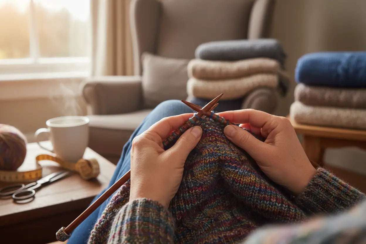 Bunte Wolle wird mit Holzstricknadeln gestrickt.