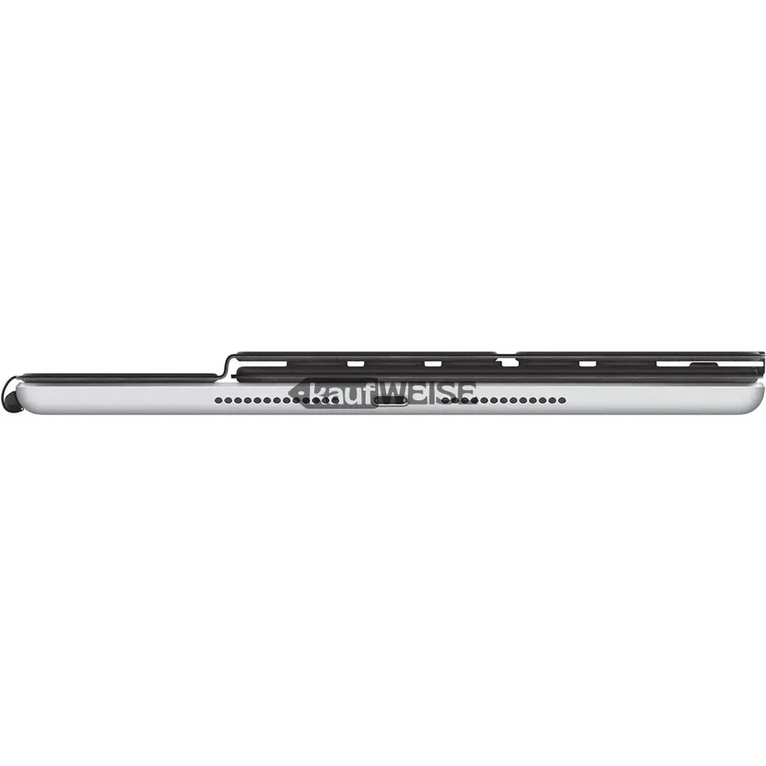 Silbernes Tablet mit Stylus und dunkler Hülle für Apple iPad Smart Keyboard