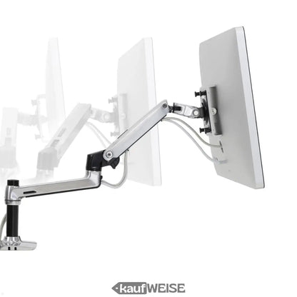 Silber-grauer ergotron lx schreibtisch-montagearm mit gelenken hält zwei weiße monitore bis 34 zoll