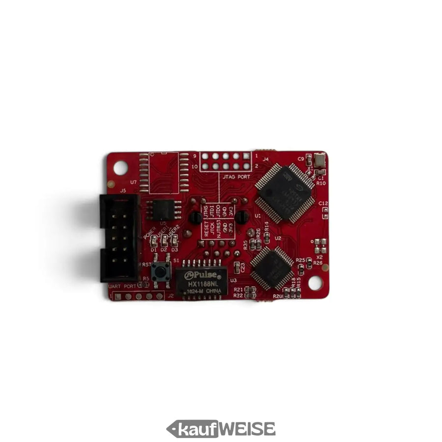 Ethernet-Modul-Platine, Bauteilseite mit JTAG-Port, Reset-Taster und Status-LEDs