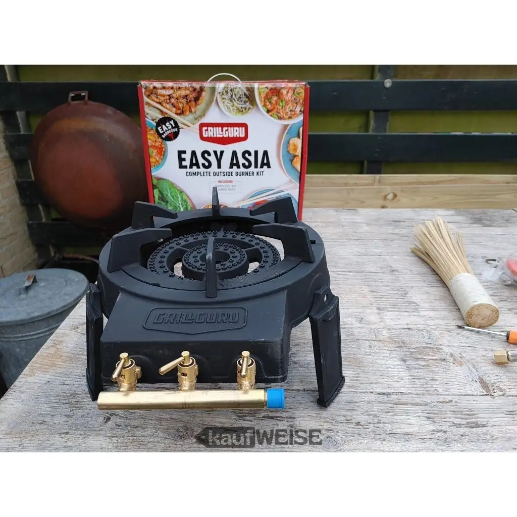 Schwarzer gusseiserner Außen-Gasbrenner mit drei Messingreglern für Grill Guru Easy Asia Wokbrenner Komplett-Set