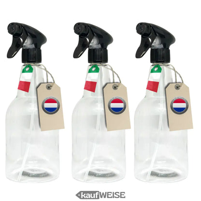 Drei transparente Sprühflaschen mit italienischer und niederländischer Flagge