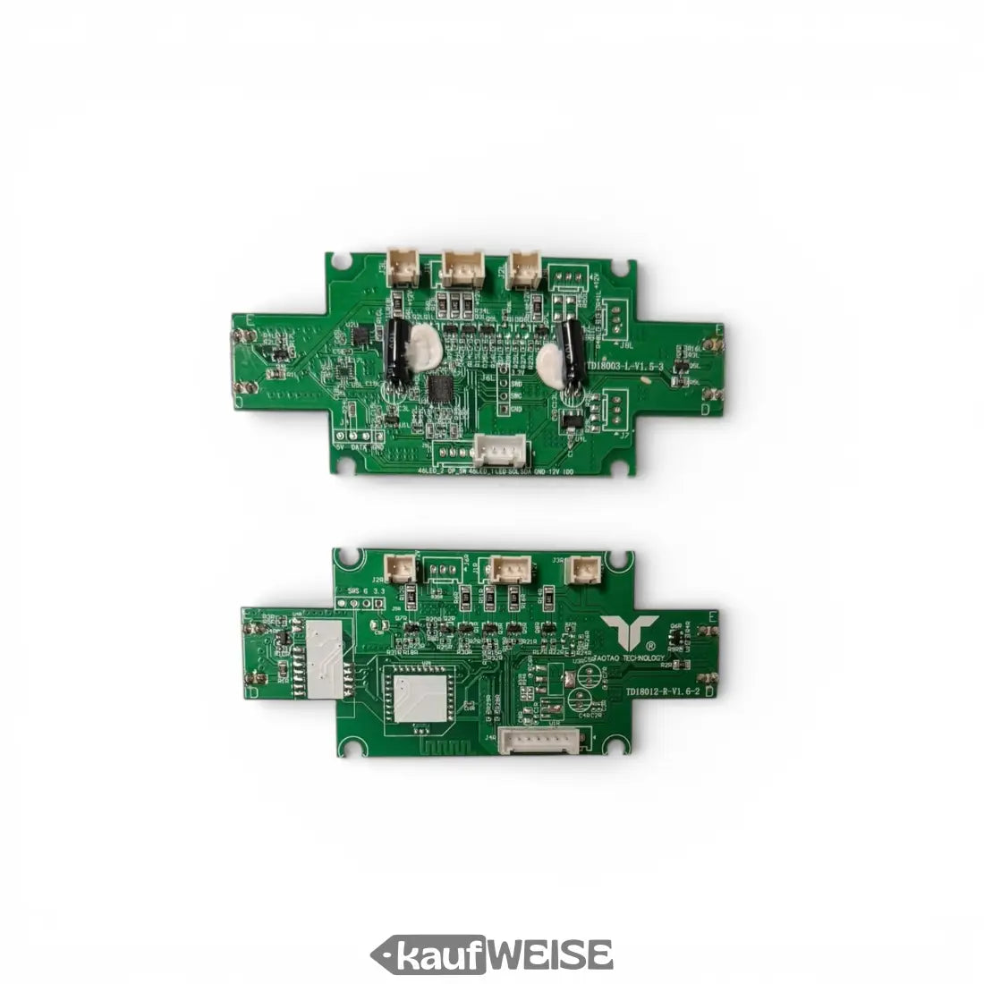 Zwei grüne Taotao Hoverboard-Steuerplatinen mit Logo und Komponenten, 36V Kit